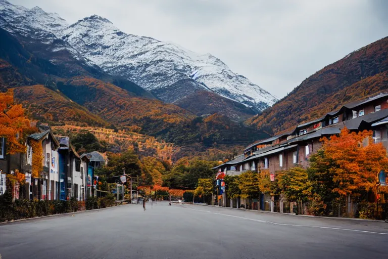 Image similar to warehouses lining a street, with an autumn mountain directly behind, lens compressed, photography