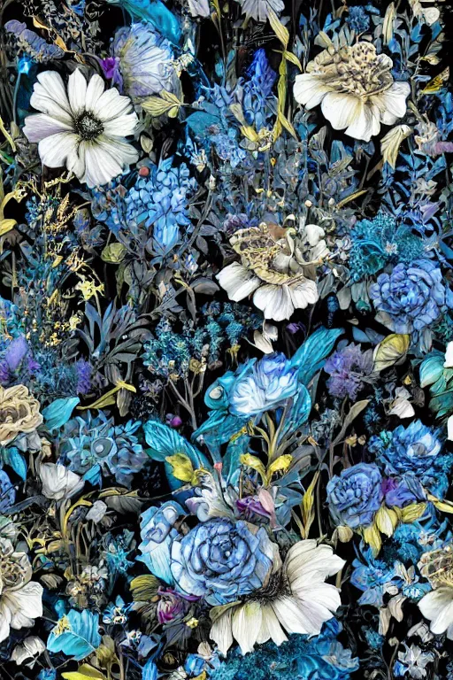 Prompt: beautiful digital matte whimsical painting of whimsical botanical illustration black and blue flowers enchanted dark background dark contrast by android jones, dollpunk