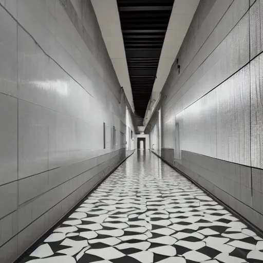 Image similar to photo of a vast interior space of irregular rooms and corridors, bizarre architecture. ceramic white tiles on all the walls. the floor is flooded with shallow water.