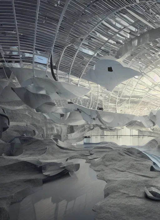 Image similar to art exhibition, architecture installation in biennale venezia, bioremediation white mining tailing futuristic horizontal architecture, epic, cinematic, hyperealistic, high detailed, corona render, hdr, ray tracing