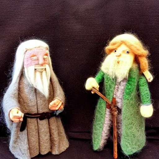 Prompt: Gandalf and Frodo made out of wool