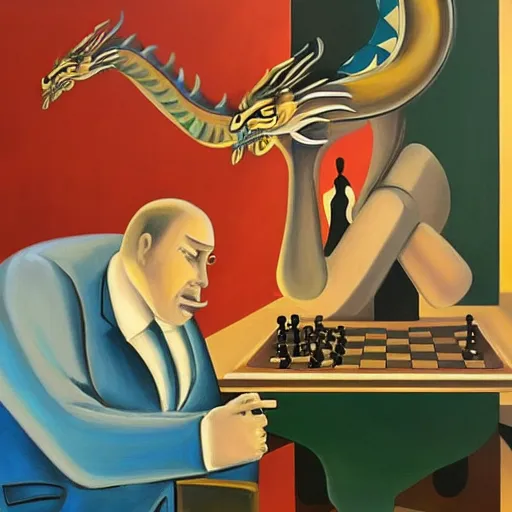 Prompt: an oil painting in the style of art deco of a dragon in a suit smoking a cigar while sitting at a chess table