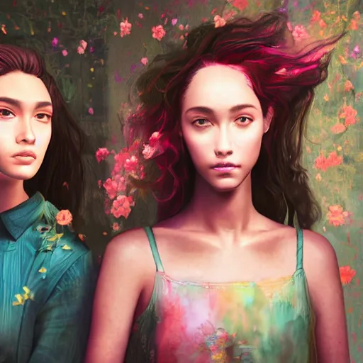 Image similar to high detail portrait of the two most beautiful woman with her hair down and surrounded by soft florals, vaporwave lighting, dewy skin, concept art, beautiful