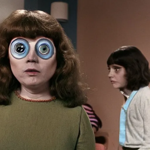 Image similar to middle-age woman enters an eyeball cult, 1977 live-action children's tv show, color