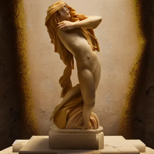 Image similar to marble statue shattered by golden bulet, art by mike winkleman, octane render, trending on cg society, trending on artstation, matte painting, lighting, sharp, hyperrealistic, award winning, reimagined by studio c