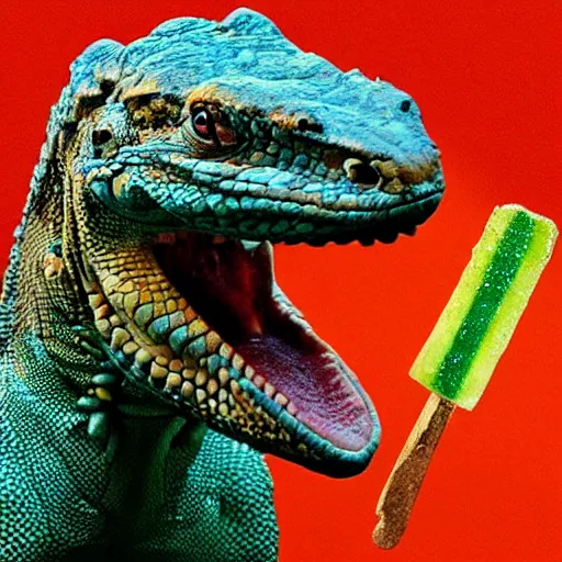 Prompt: “ a muscular komodo dragon, eating orange popsicle, in the style of baz luhrmann, romeo and juliet, hyper realistic, cinematic. ”
