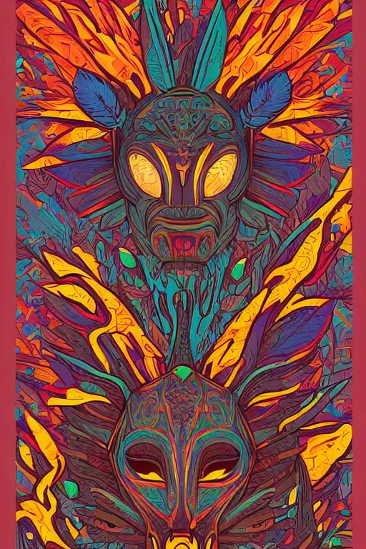 Image similar to animal mask totem roots flower tribal feather gemstone plant wood rock shaman vodoo video game vector cutout illustration vivid multicolor borderlands comics by josan gonzales and dan mumford radiating a glowing aura