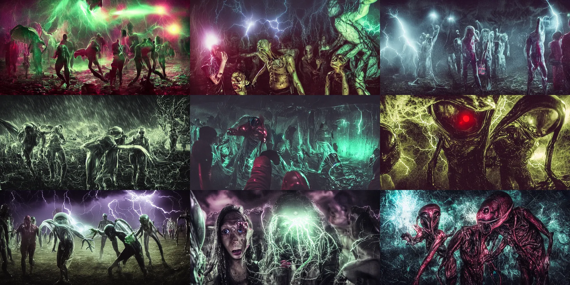 Prompt: alien encounter captured with a 3 5 mm photography, realistic, flash, pov, slime, veins, wet, nightmare in the park, small crowd of people, calamity, dark storms with lightning, 8 k, in a baroque style