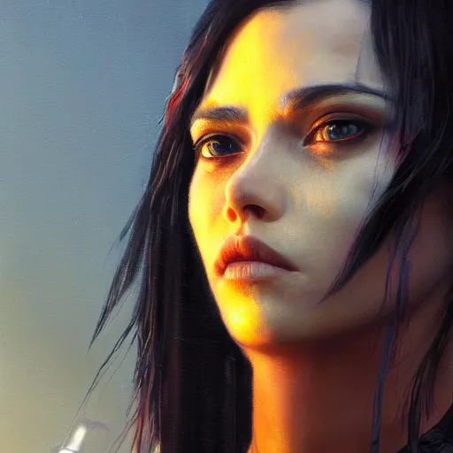 Prompt: close - up portrait of a young beautiful cyberpunk woman, mirror eye implants, black hair in a rough shag, sunset, painted by seb mckinnon, high detail, digital art, painted by greg rutkowski, trending on artstation