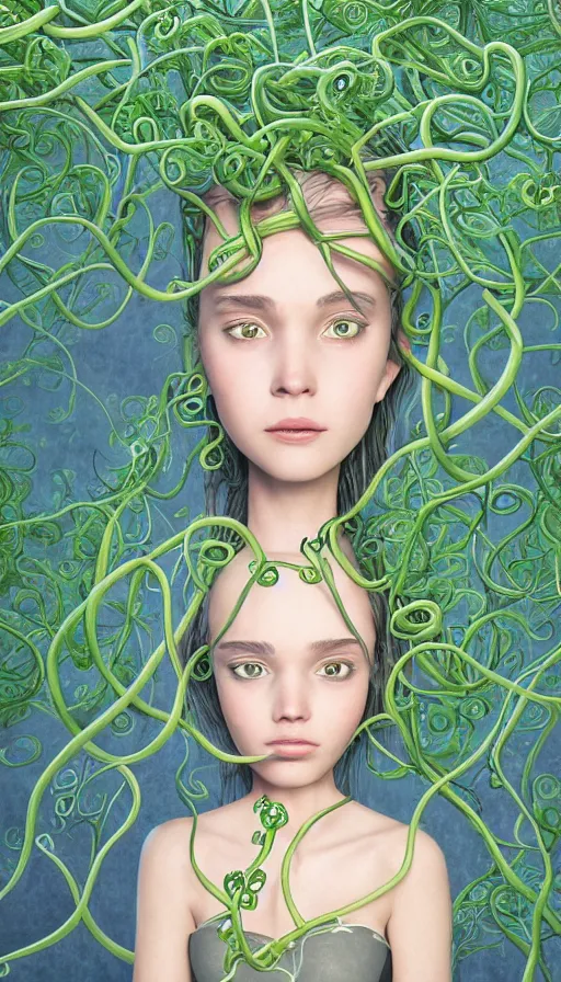 Prompt: very detailed portrait of a 2 0 years old girl surrounded by tentacles, the youg woman visage is blooming from fractal and vines, by pixar concept artists