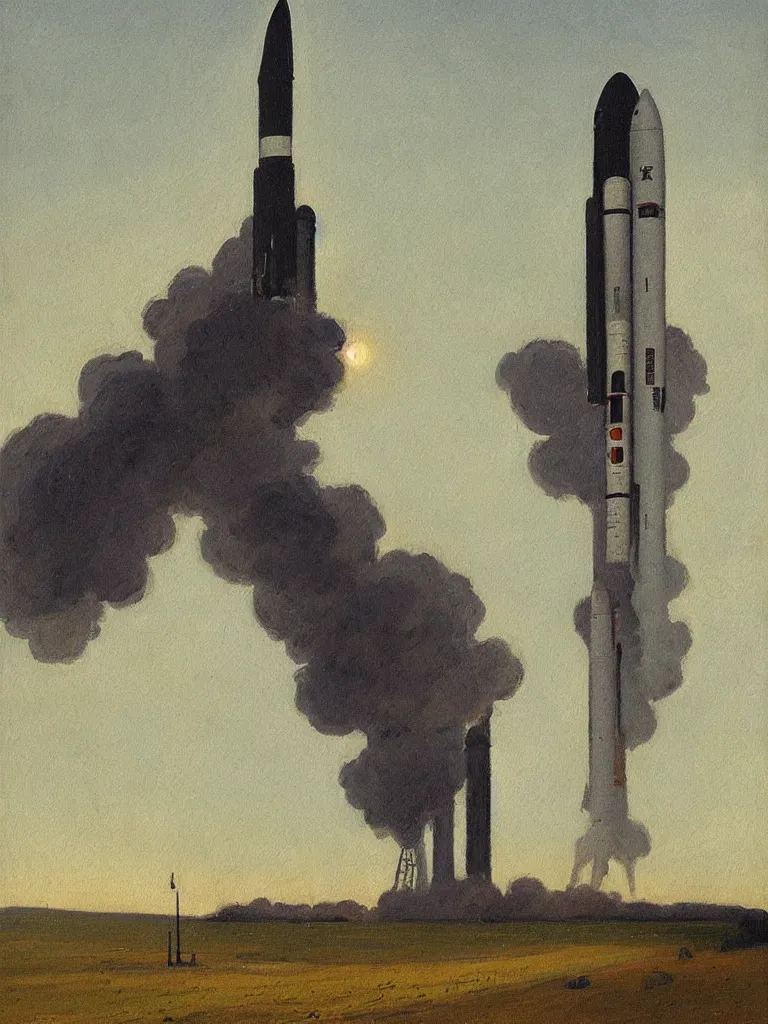 Image similar to a _ painting _ of _ a _ scifi _ rocket _ by _ peter _ ilsted