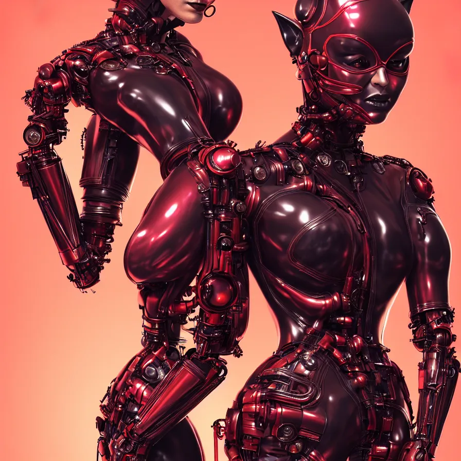 Prompt: portrait, super hero pose, catwoman red biomechanical dress, inflateble shapes, wearing epic bionic cyborg implants, masterpiece, intricate, biopunk futuristic wardrobe, highly detailed, art by akira, mike mignola, artstation, concept art, background galaxy, cyberpunk, octane render