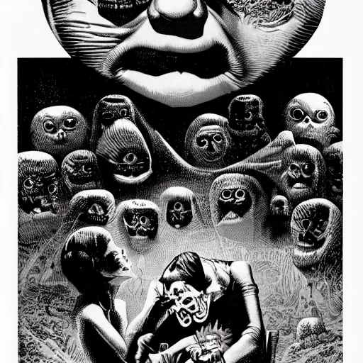 Image similar to a house with big eyes, by richard corben. pulp horror art, comic book art