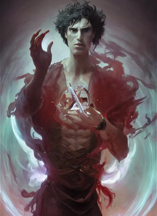 Image similar to character concept portrait of an attractive young angry Spanish wizard with red skin conjuring a portal spell, a floating iridescent spell book in the center, intricate, elegant, digital painting, concept art, smooth, sharp focus, illustration, from Metal Gear, by Ruan Jia and Mandy Jurgens and William-Adolphe Bouguereau, Artgerm