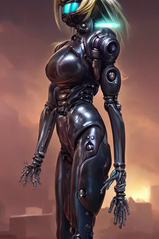 Image similar to wow! 3 / 4 stunning photorealistic portrait of samus aran in a kowloon cyberpunk cityscape, biomechanical bodysuit, oppai proportions, acid rain, dark fantasy by artgerm and clay mann and sorayama and alphonse mucha, very realistic, hyperdetailed, trending on artstation, octane render