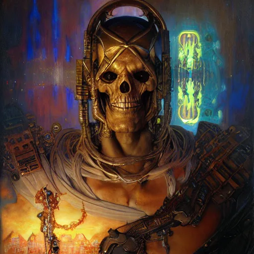 Image similar to portrait of skeletor. shadowrun cyberpunk fantasy highly detailed painting by gaston bussiere craig mullins jc leyendecker gustav klimt artgerm greg rutkowski john berkey, bergey, craig mullins, ruan jia, raymond swanland, jeremy mann, tom lovell, alex malveda