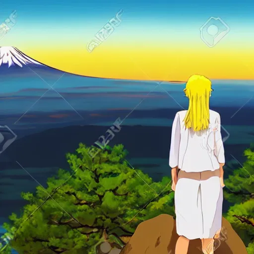 Prompt: a beautiful blond silver hair young woman standing on top of mount fuji in the style of Studio Ghibli and Makoto Shinkai