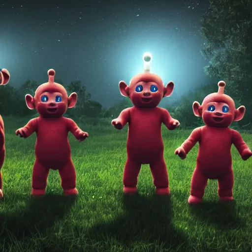 Image similar to A group of 4 Teletubbies that are part of a demonic cult, in the dense woods at night, laughing while in the act making a human sacrifice to Norse gods. Highly detailed, rendered in unreal engine 5, daguerreotype portrait.