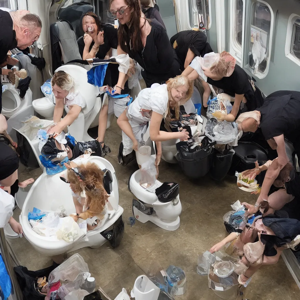 Prompt: people were flushing their cats down the toilet. this was for a charity, unspecified but highly regarded. people were on the train, looking at artefacts from outer space, listening to talk show djs discussing