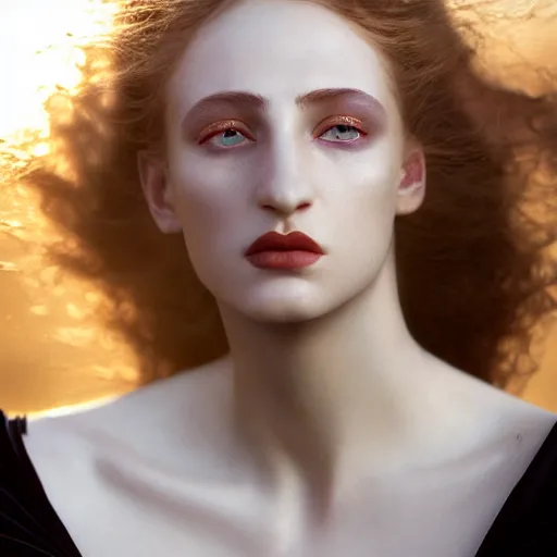 Image similar to photographic portrait of a stunningly beautiful renaissance female, white lips and dark eye shadow, in soft dreamy light at sunset, god rays, contemporary fashion shoot, by edward robert hughes, annie leibovitz and steve mccurry, david lazar, jimmy nelsson, breathtaking, 8 k resolution, extremely detailed, establishing shot, artistic, hyperrealistic, perfect face, octane render