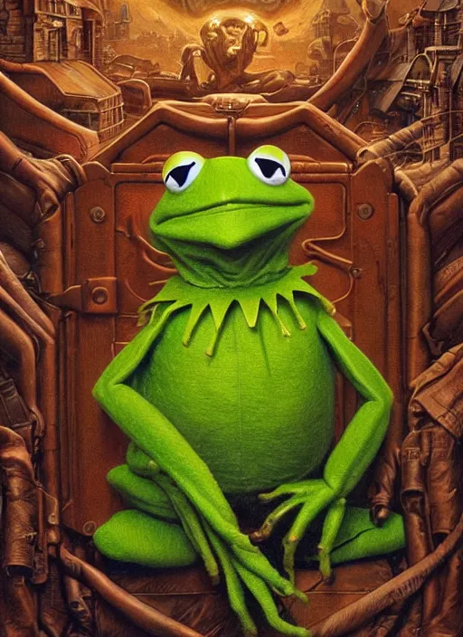 Prompt: portrait of Kermit the frog in The Thing (1982), intricate, highly detailed, centered, studio background, digital painting, artstation, concept art, smooth, sharp focus, illustration, artgerm, donato giancola, Joseph Christian Leyendecker, WLOP, Artgerm