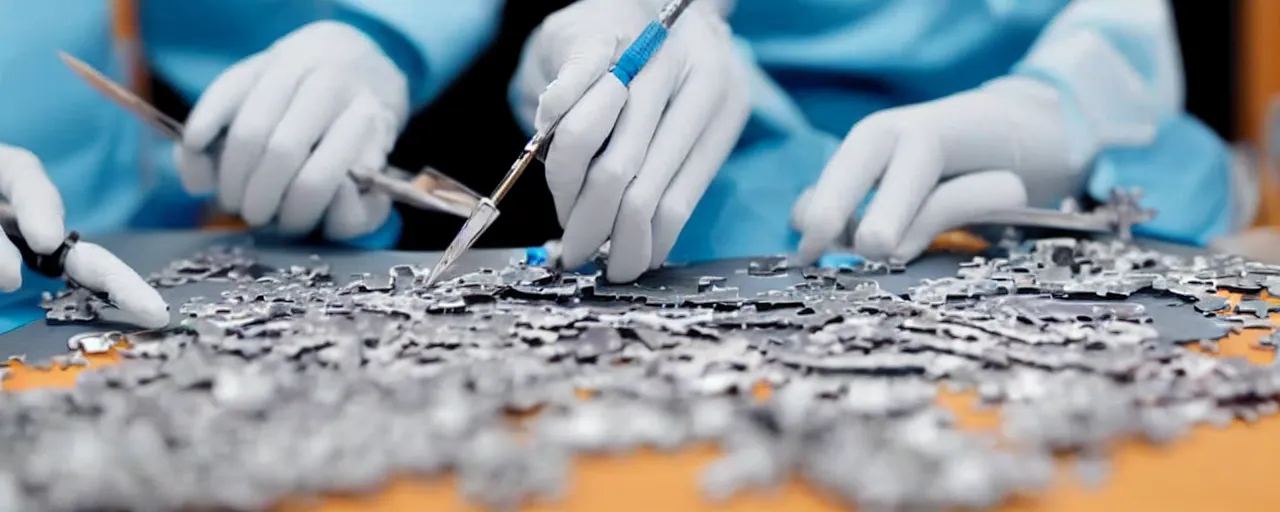 Image similar to a surgeon with realistic hands using a scalpel on a jigsaw puzzle on a table