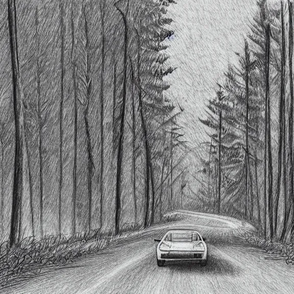 Image similar to a pencil drawing of a car driving through a forest on a gravel road, soft lighting, atmospheric, sunlight. by pen tacular