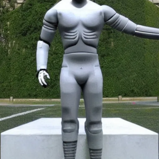 Image similar to “a realistic detailed photo of a guy who is an attractive humanoid who is half robot and half humanoid, who is a male android, football player JJ Watt, shiny skin, posing like a statue, blank stare”