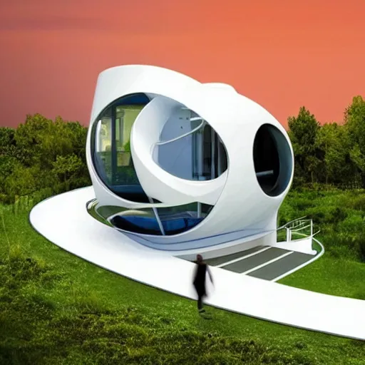 Prompt: futuristic house on a platform with a device in its center that allows elevating the house from ground level to 5 meters high