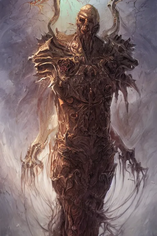 Image similar to a full body high detail fantasy portrait oil painting illustration of the torment nexus which should not be created by justin sweet with face and body clearly visible, insane, realistic proportions, d & d, rpg, forgotten realms, artstation trending, high quality, sombre mood, artstation trending, muted colours, entire person visible!
