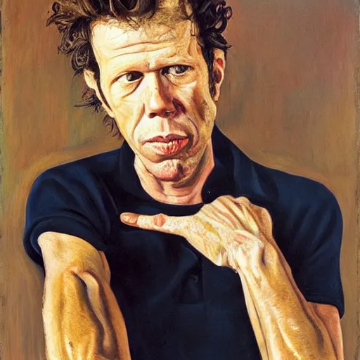 Prompt: oilpainting portrait of tom waits, by lucian freud