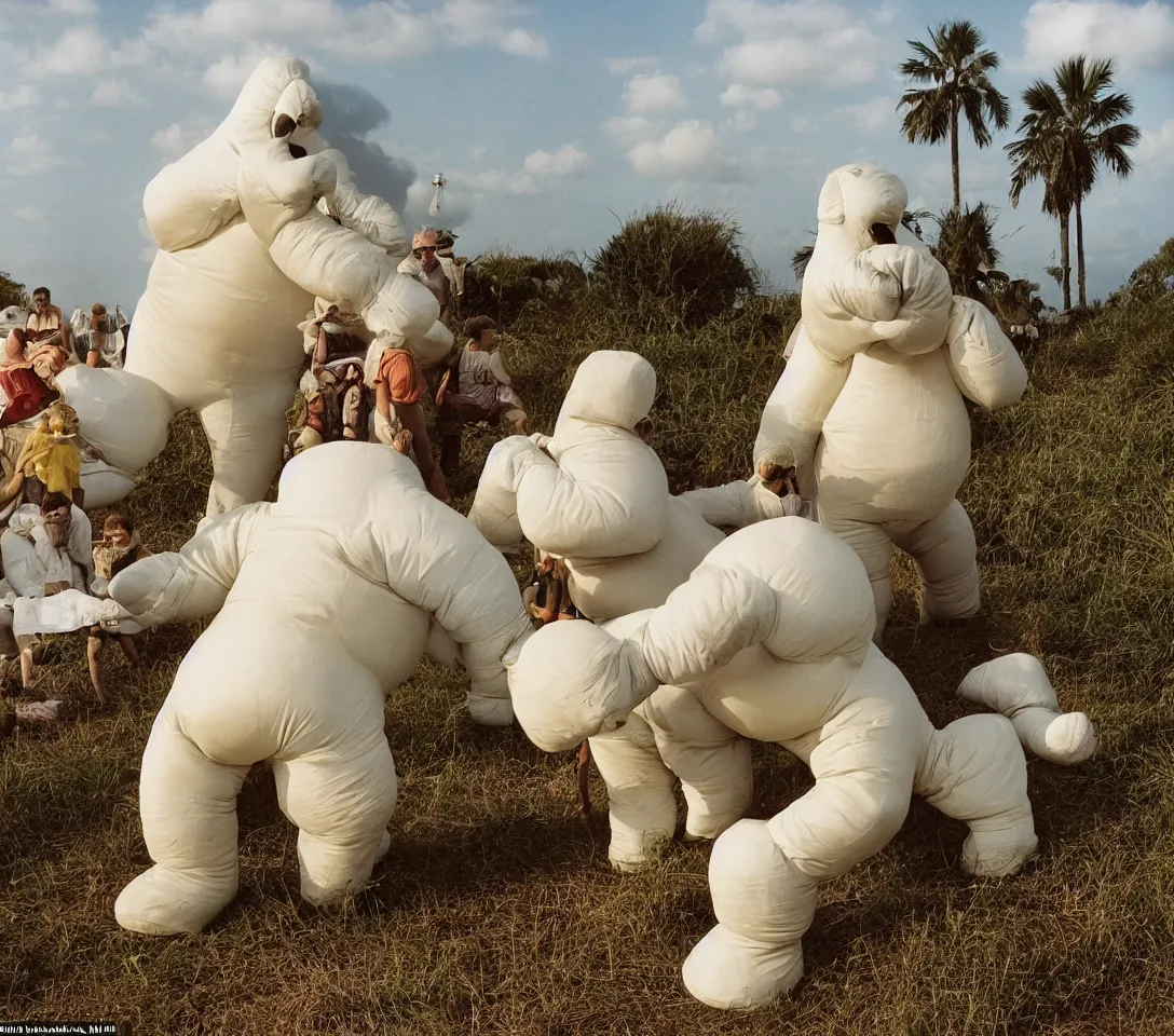 Prompt: a 3 5 mm photography, kodachrome colour of grandpas fighting with white michelin man costume, hippos and alien plants around, beach and sunset backlight, photos taken by martin parr with strong flash on camera