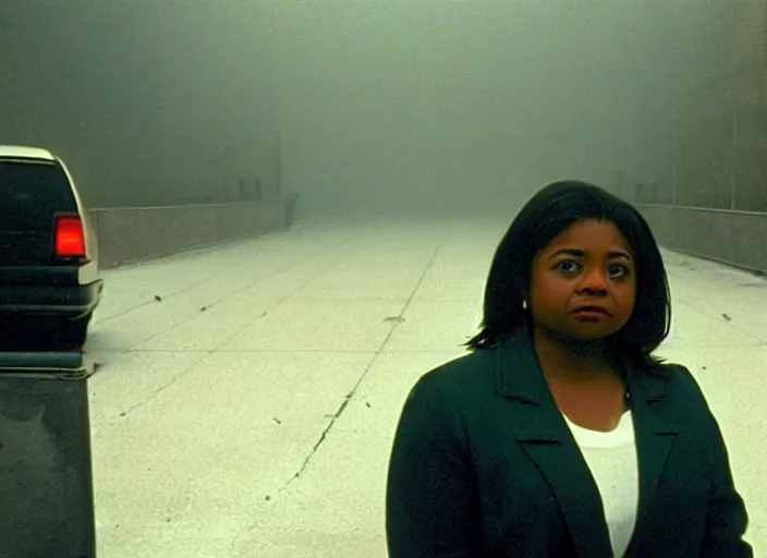 Image similar to cinematic screenshot high wide angle shot of octavia spencer standing in a foggy a desolate strange department store empty parking lot, one car, paranoia everywhere, screenshot from the tense psychological thriller film ( 2 0 0 1 ) directed by spike jonze, volumetric hazy lighting, anamorphic lens, moody cinematography, 3 5 mm kodak color stock