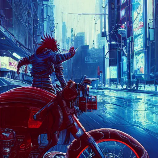 Image similar to portrait painting of a street samurai with spiky red hair riding a blue motorcycle, cyberpunk, glitchwave, ultra realistic, concept art, intricate details, eerie, highly detailed, photorealistic, octane render, 8 k, unreal engine. art by josan gonzales and moebius