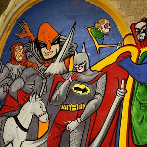 Image similar to a medieval church mural depicting batman chasing the joker, batman and the joker medieval art