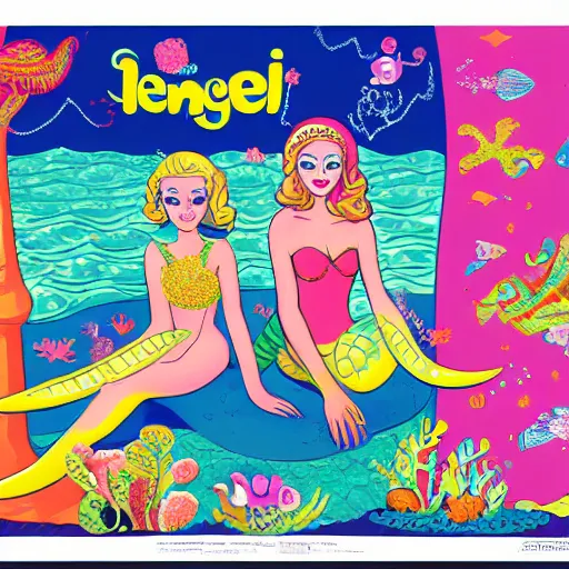 Image similar to kenner sea wees mermaids, glamour gals, mattel strawberry shortcake, dr snuggles cartoon, mushroom fantasy land, pastel rainbows, peter max yellow submarine style. professional poster. award winning.