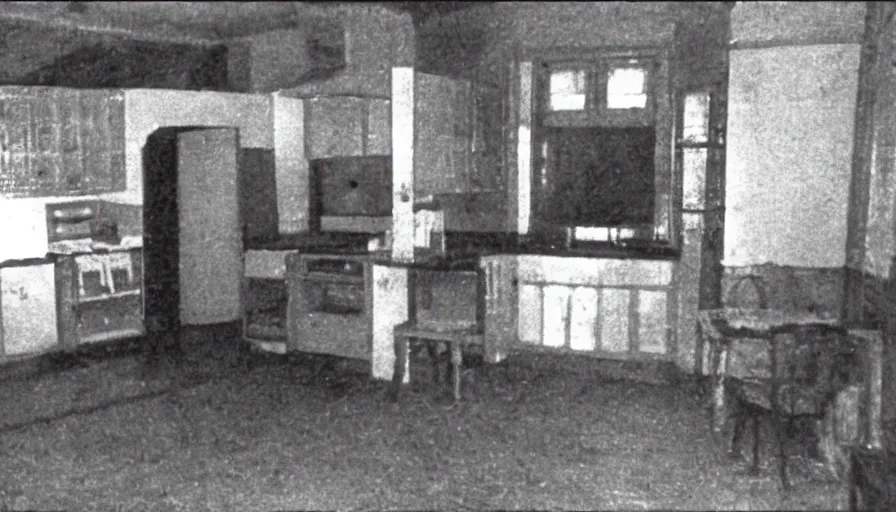 Image similar to a big snake and a man in a stalinist style kitchen, by mini dv camera, very very low quality, heavy grain, very blurry, accidental flash, webcam footage, found footage, security cam, caught on trail cam