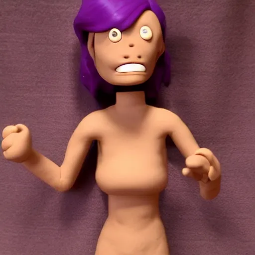 Image similar to clay model of leela from futurama. cyclops, purple - haired woman.