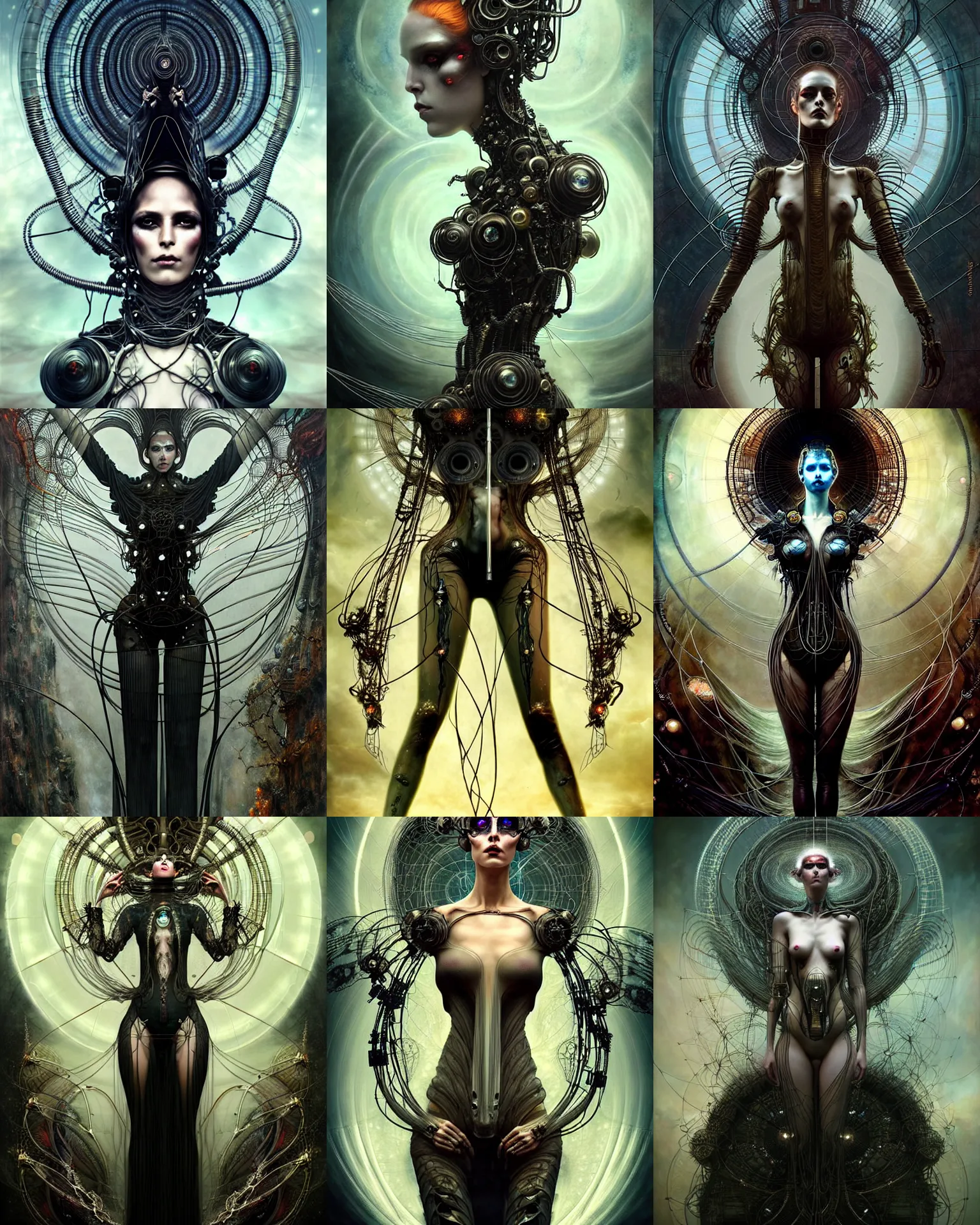 Prompt: karol bak and tom bagshaw and bastien lecouffe - deharme full body symmetrical character portrait of a supermodel as the borg queen of parasitic glitchcore rebirth, floating in a powerful zen state, beautiful and ominous, wearing combination of mecha and bodysuit made of wires and garland, machinery enveloping nature in the background, scifi character render