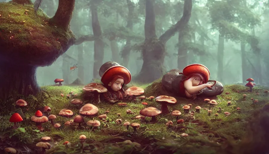 Image similar to dwarf resting under mushroom, by ilya kuvshinov, rtx rendering, octane render 1 2 8 k, maya, extreme high intricate details by tom bagshaw, medium shot, close up shot, composition by sana takeda, lighting by greg rutkowski