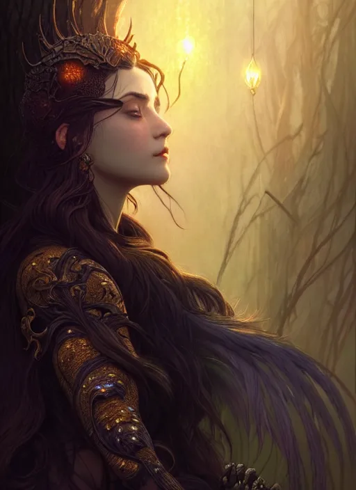 Prompt: side portrait dark crow, fantasy forest landscape, dragon scales, fantasy magic, dark golden light night, intricate, elegant, sharp focus, illustration, highly detailed, digital painting, concept art, matte, art by WLOP and Artgerm and Greg Rutkowski and Alphonse Mucha, masterpiece