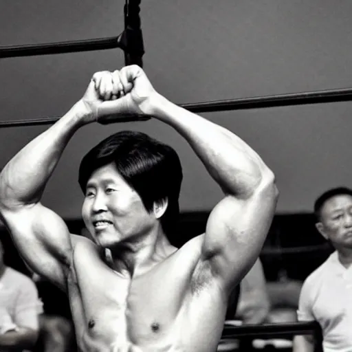 Image similar to A very muscular BongBong Marcos flexing in the gym