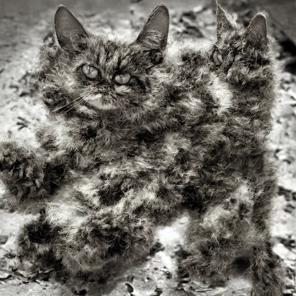 Prompt: shocking grotesque mutated cat-thing emerges from nuclear meltdown, high resolution photograph