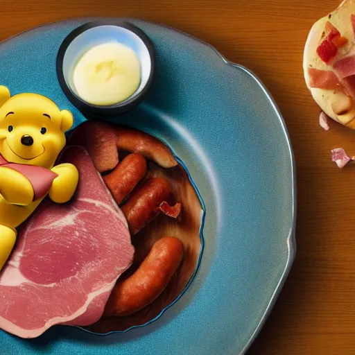 Image similar to close up of winnie the pooh with a plate of sausage and bacon and ham hock, cinematographic shot, photo 3 d