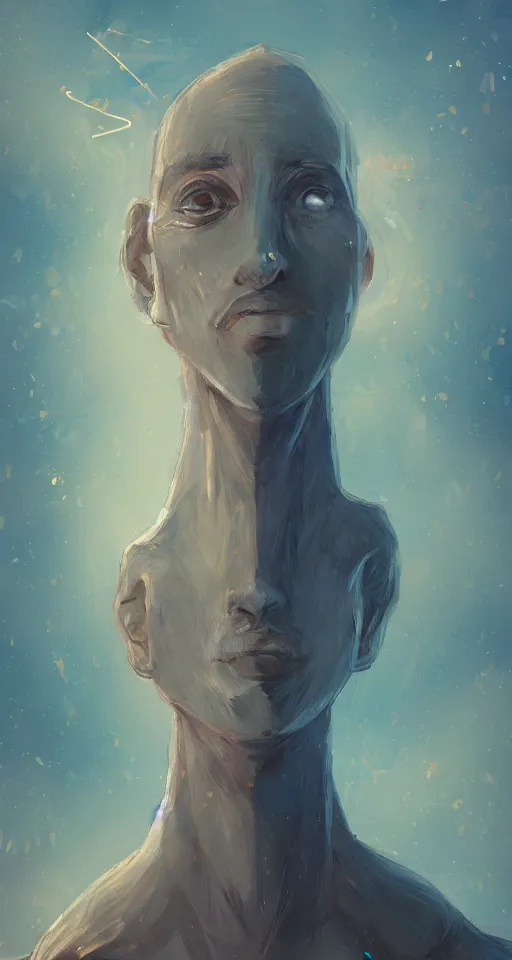 Image similar to A beautiful artwork illustration, a tall humanoid creature radiating curiosity, caring, and joy, exploring and looking around in an alternate universe, featured on artstation, wide angle, vertical orientation