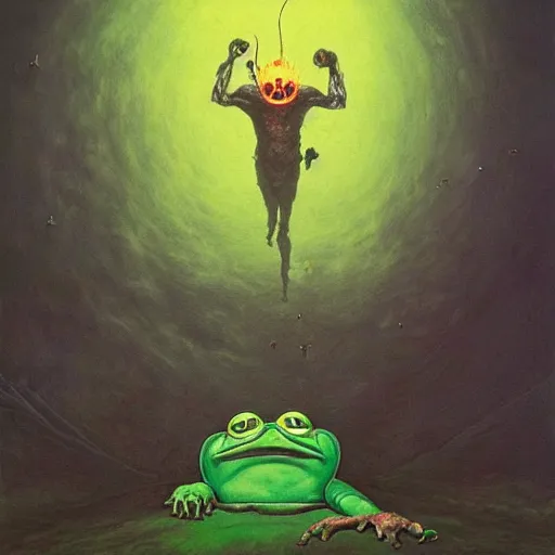 Image similar to pepe the frog being forced into a portal from hell, floating dark energy surrounds them. there is one cow in the corner of the room, surrounded by a background of dark cyber mystic alchemical transmutation heavenless realm. highly detailed, vivid color, beksinski painting, part by adrian ghenie and gerhard richter. art by takato yamamoto. masterpiece