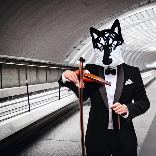 Image similar to a man in a tux wearing a white wolf mask playing the violin at a dirty metro station, unnerving, 4k photography, highly detailed, long shot.