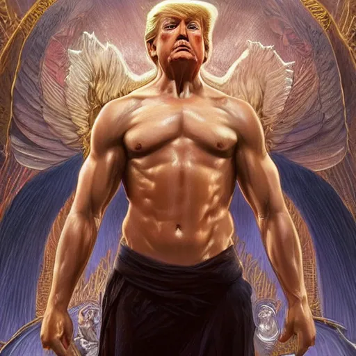 Image similar to donald trump as a heavenly god, upper body, muscular, fantasy, intricate, elegant, highly detailed, digital painting, artstation, concept art, smooth, sharp focus, illustration, art by artgerm and greg rutkowski and alphonse mucha