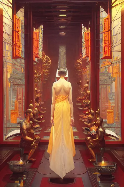 Image similar to temple, buddhism, futurism, painting by greg rutkowski, j. c. leyendecker, artgerm, donato giancola