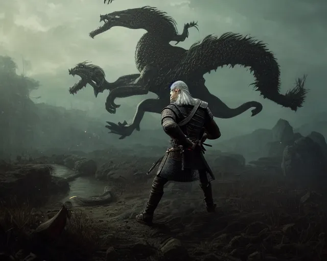 Prompt: 5 5 mm portrait photo of geralt fighting a 5 headed hydra with aard. magical atmosphere. art by greg rutkowski. highly detailed 8 k. intricate. lifelike. soft light. nikon d 8 5 0.